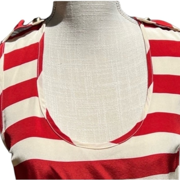 🌻Karina Grimaldi Red & Off-White Stripe 100% Silk Tank Blouse w Epaulets Size S - Picture 2 of 7